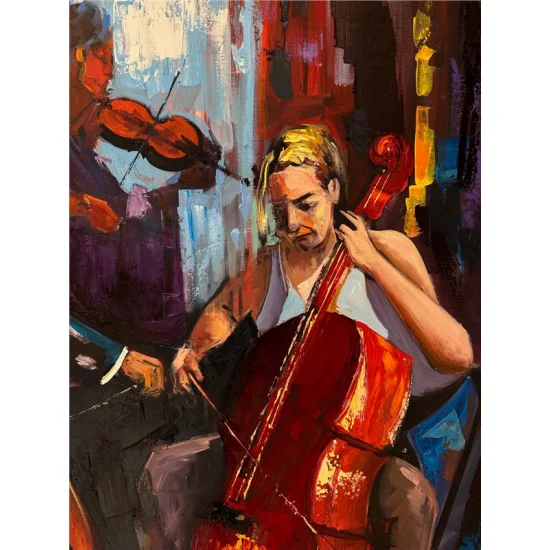 Çello ve Müziğin Ahengi Yağlı Boya Tablosu