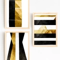 Abstract Gold and Black Doğal Ahşap Çerçeveli 3 lü Tablo