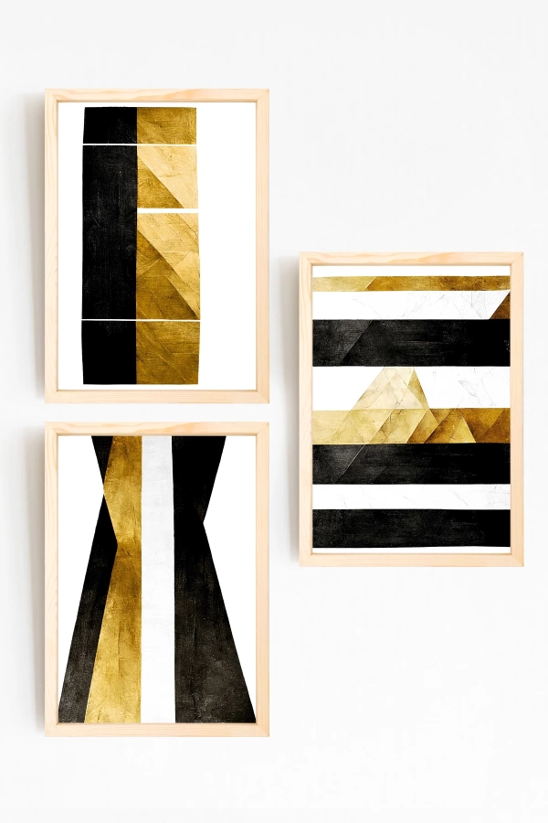 Abstract Gold and Black Doğal Ahşap Çerçeveli 3 lü Tablo