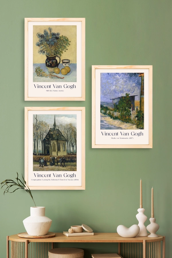 Vincent Van Gogh Doğal Ahşap Çerçeveli Üçlü Tablo