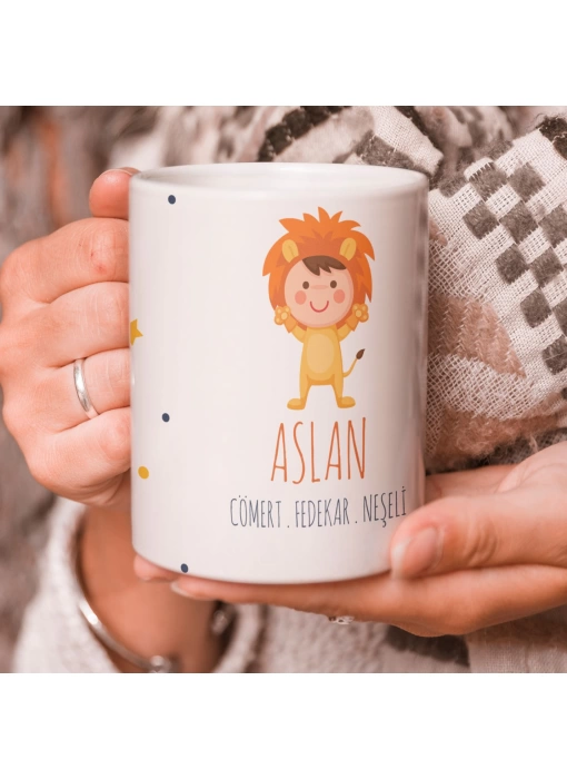 Aslan Burcu Özel Sevimli Beyaz Kupa Bardak