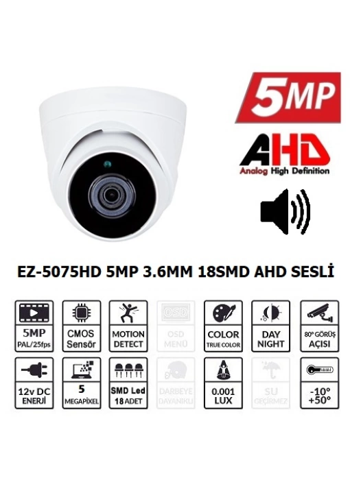 EZCOOL EZ-5075HD 5MP 3.6MM 18SMD AHD SESLİ DOME