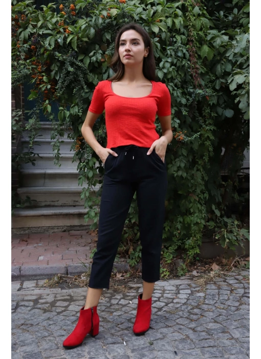 Geniş Yaka Triko Bluz - KIRMIZI