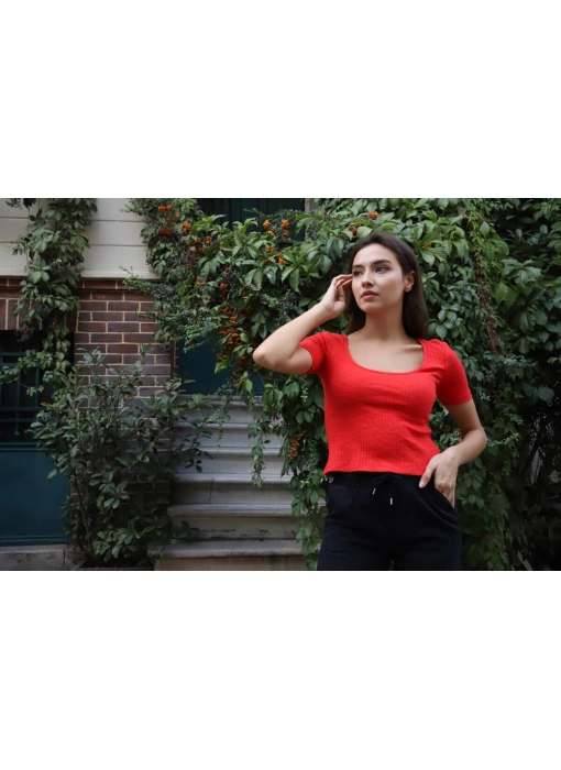Geniş Yaka Triko Bluz - KIRMIZI
