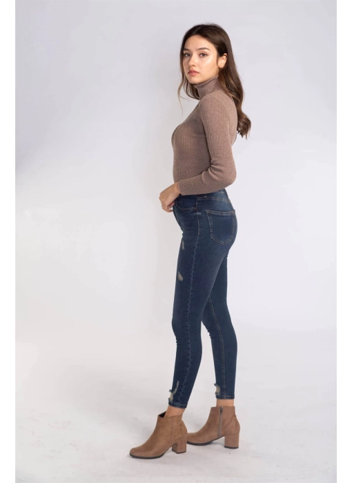 Yırtık Detaylı Skinny Jean Pantolon-LACİVERT