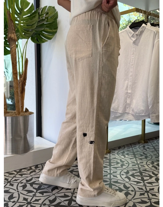 Nakışlı Oversize Keten Pantolon