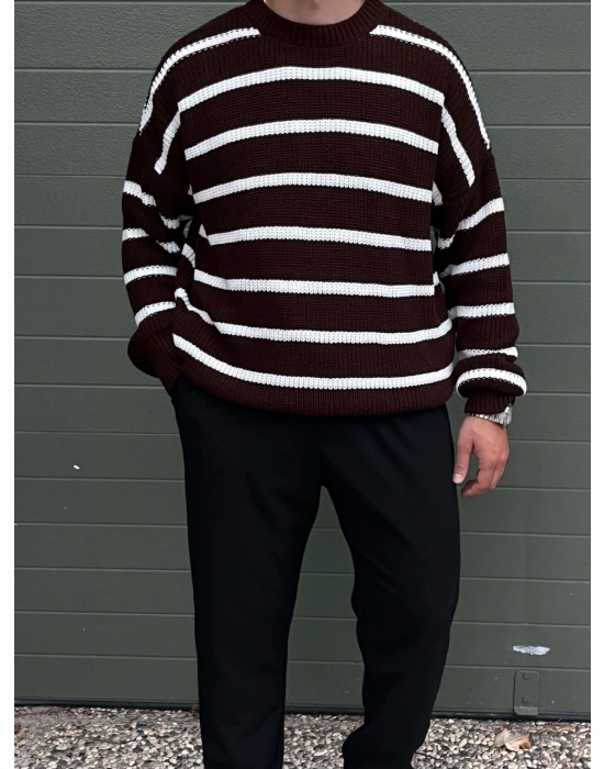 Oversize İnce Çizgili Triko Kazak