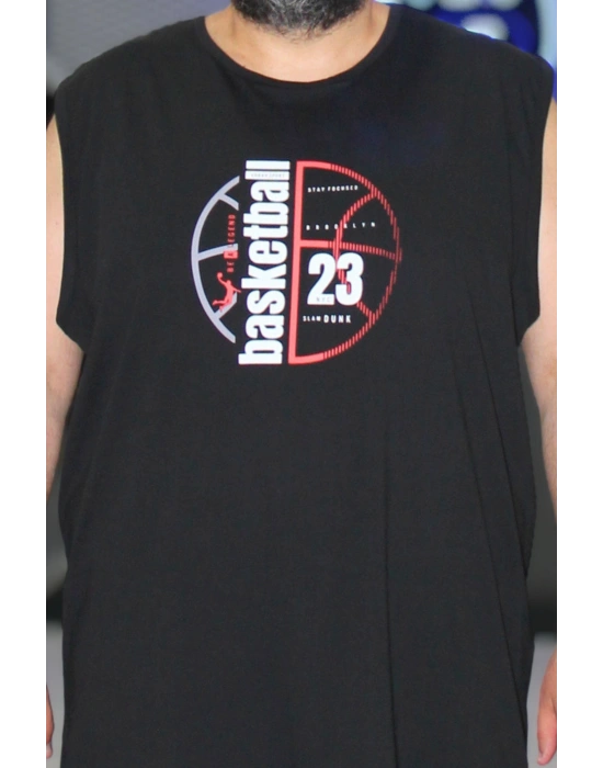 Erkek Büyük Beden Bisiklet Yaka Baskılı Kolsuz Tişört Basketball Siyah