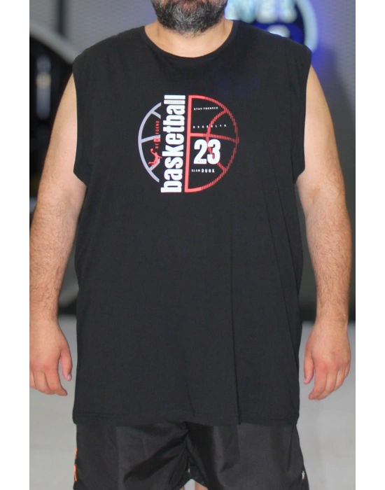 Erkek Büyük Beden Bisiklet Yaka Baskılı Kolsuz Tişört Basketball Siyah