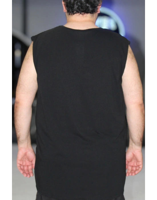 Erkek Büyük Beden Bisiklet Yaka Baskılı Kolsuz Tişört Basketball Siyah