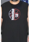 Erkek Büyük Beden Bisiklet Yaka Baskılı Kolsuz Tişört Basketball Siyah