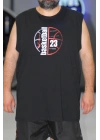 Erkek Büyük Beden Bisiklet Yaka Baskılı Kolsuz Tişört Basketball Siyah