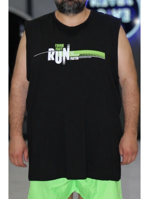 Erkek Büyük Beden Baskılı Kolsuz Bisiklet Yaka Tişört Think Fast Run Faster Siyah