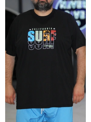 Erkek Büyük Beden Bisiklet Yaka Baskılı Kısa Kollu Tişört Surf Siyah