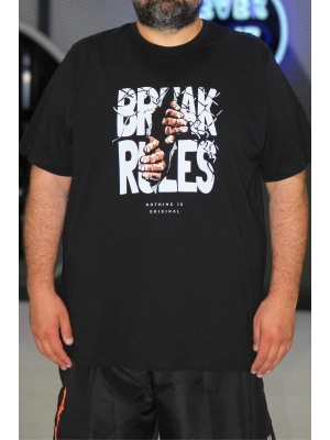 Erkek Büyük Beden Bisiklet Yaka Kısa Kollu Tişört Break Rules Siyah