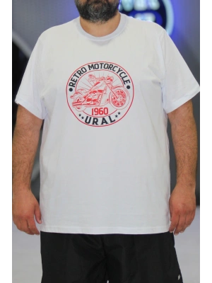 Erkek Büyük Beden Bisiklet Yaka Kısa Kollu Tişört Motorcycle Beyaz