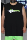 Erkek Büyük Beden Baskılı Kolsuz Bisiklet Yaka Tişört Think Fast Run Faster Siyah