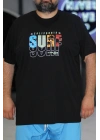 Erkek Büyük Beden Bisiklet Yaka Baskılı Kısa Kollu Tişört Surf Siyah