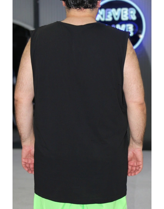 Erkek Büyük Beden Baskılı Kolsuz Bisiklet Yaka Tişört Think Fast Run Faster Siyah