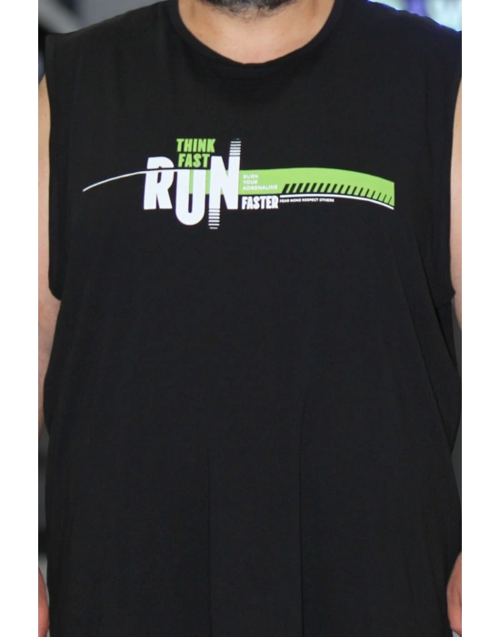 Erkek Büyük Beden Baskılı Kolsuz Bisiklet Yaka Tişört Think Fast Run Faster Siyah