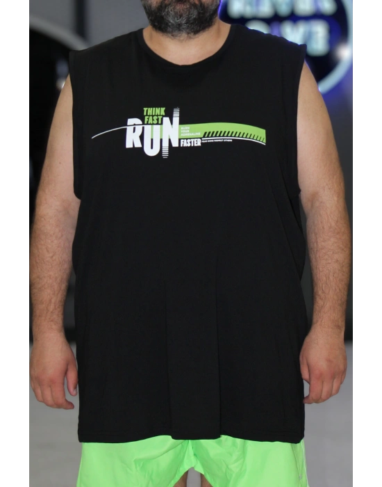 Erkek Büyük Beden Baskılı Kolsuz Bisiklet Yaka Tişört Think Fast Run Faster Siyah