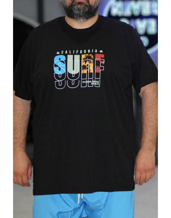 Erkek Büyük Beden Bisiklet Yaka Baskılı Kısa Kollu Tişört Surf Siyah