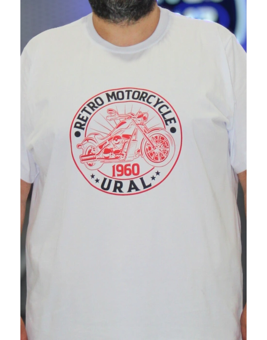 Erkek Büyük Beden Bisiklet Yaka Kısa Kollu Tişört Motorcycle Beyaz