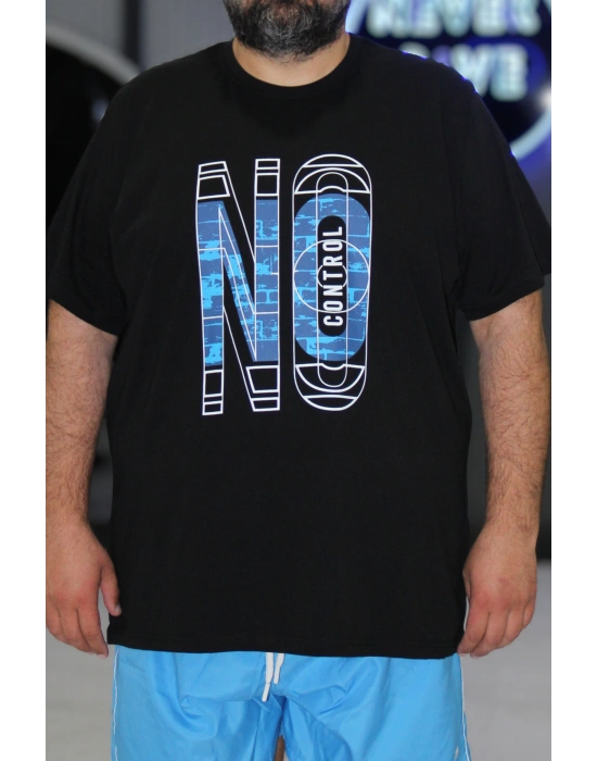 Erkek Büyük Beden Bisiklet Yaka Kısa Kollu Tişört No Control Siyah