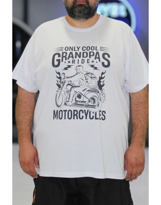 Erkek Bisiklet Yaka Baskılı Kısa Kollu Tişört Lion Beyaz