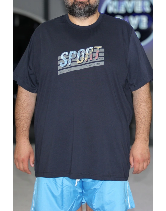 Erkek Büyük Beden Bisiklet Yaka Kısa Kollu Tişört Sport Lacivert
