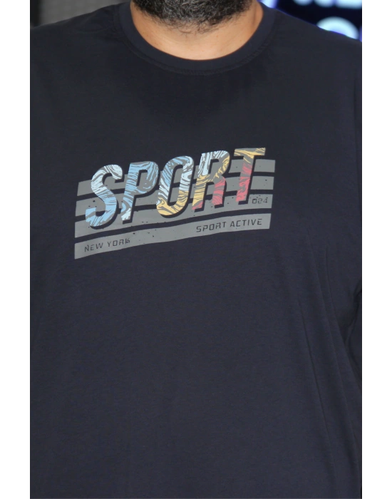 Erkek Büyük Beden Bisiklet Yaka Kısa Kollu Tişört Sport Lacivert