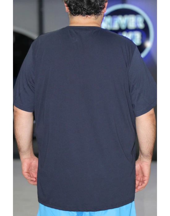 Erkek Büyük Beden Bisiklet Yaka Kısa Kollu Tişört Sport Lacivert