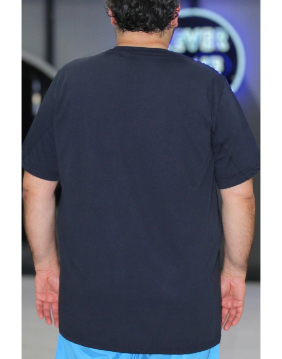 Lacivert Büyük Beden Bisiklet Yaka Baskılı Penye Erkek Tişört