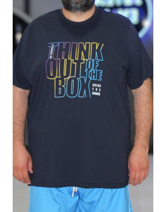 Lacivert Büyük Beden Bisiklet Yaka Baskılı Penye Erkek Tişört