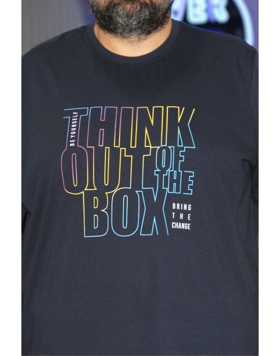 Lacivert Büyük Beden Bisiklet Yaka Baskılı Penye Erkek Tişört