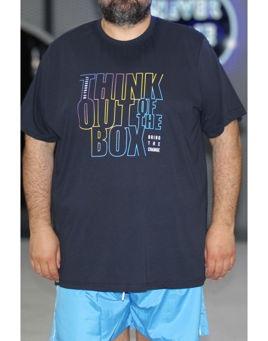 Lacivert Büyük Beden Bisiklet Yaka Baskılı Penye Erkek Tişört