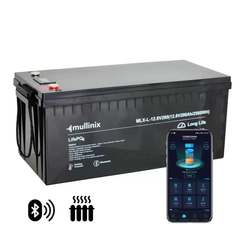 Mullinix 12V 200Ah 6000 Döngü Isıtmalı ve Bluetooth Lifepo4 Lityum Akü