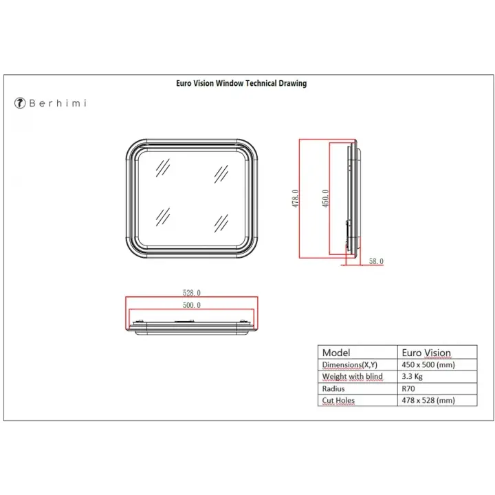 Berhimi 45x50cm Beyaz Amortisörlü Karavan Camı / Pencere