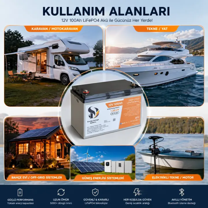 SD Energy 12v 100Ah 1.28kWh 6000DOD Bluetooth Lifepo4 Lityum Akü