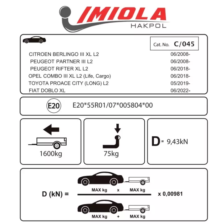 Berlingo, Doblo, Combo, Partner, Rifter III 06/2018-Sonrası Çeki Demiri