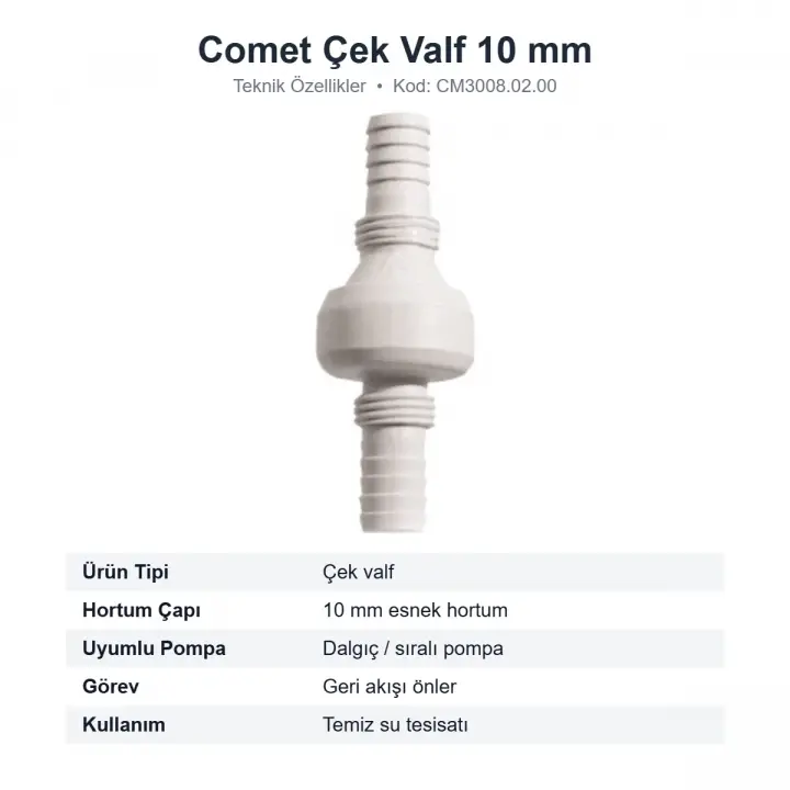 Comet Karavan Dalgıç Pompa Çek Valfi 10 mm Hortum İçin (CM3008.02.00)