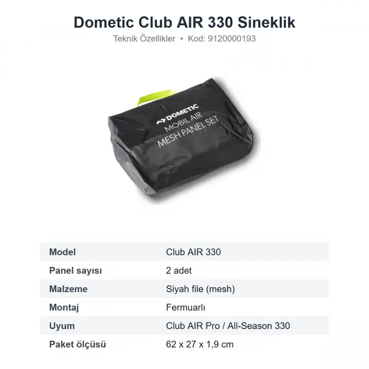 Dometic Club AIR 330 Şişme Ön Çadır Sineklik Panel Seti, 2 Parça (9120000193)