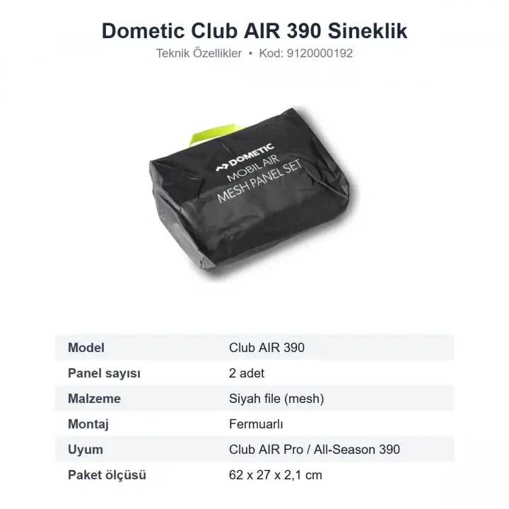 Dometic Club AIR 390 Şişme Ön Çadır Sineklik Panel Seti, 2 Parça (9120000192)