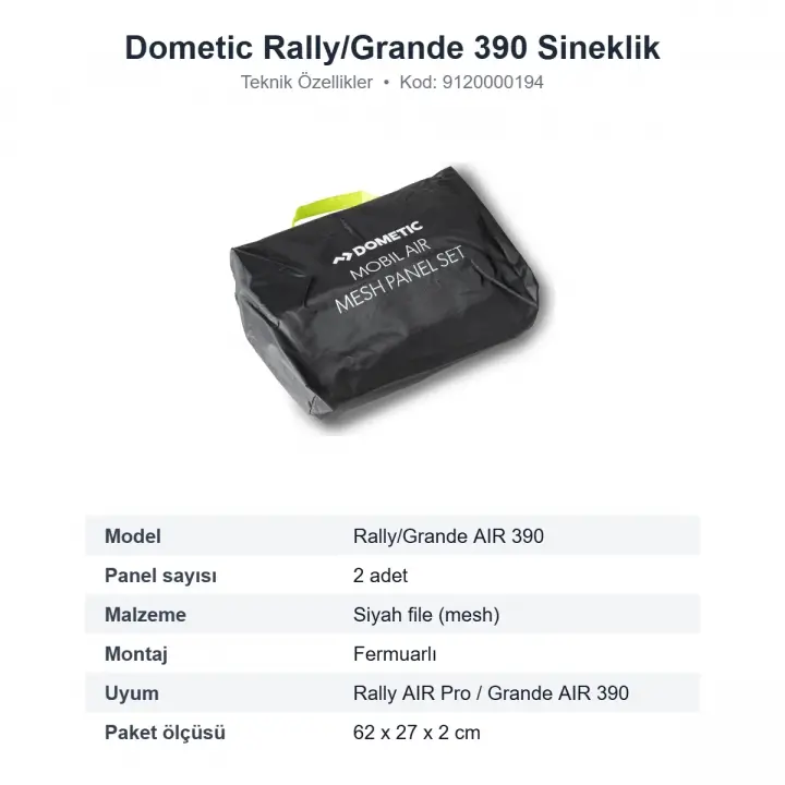 Dometic Rally/Grande AIR 390 Şişme Ön Çadır Sineklik Panel Seti, 2 Parça (9120000194)