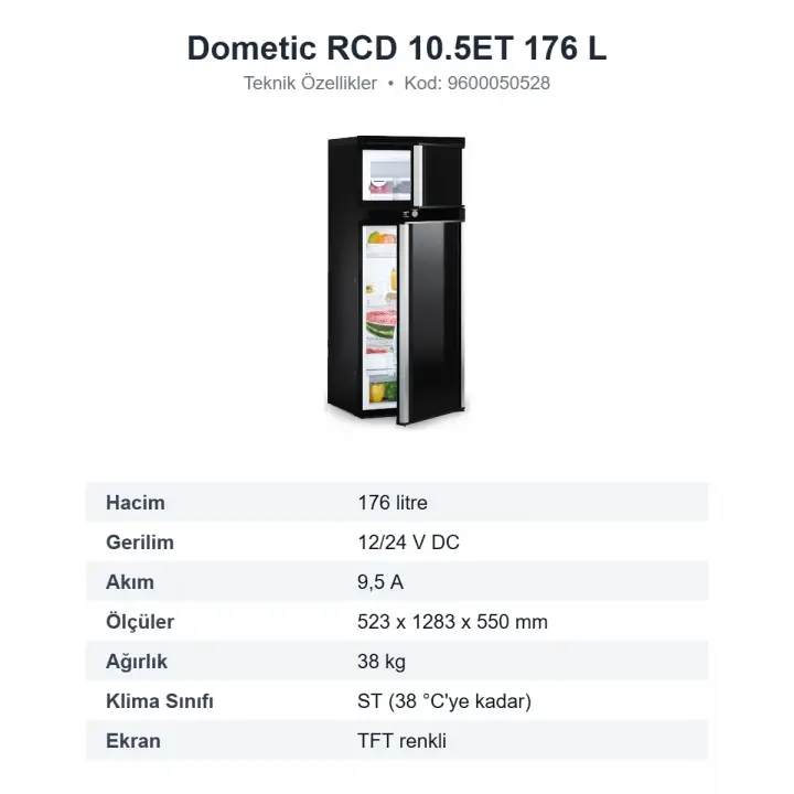 Dometic RCD 10.5ET Kompresörlü Karavan Buzdolabı 176 L 12/24 V, TFT Ekran, Çift Yönlü Kapı (9600050528)
