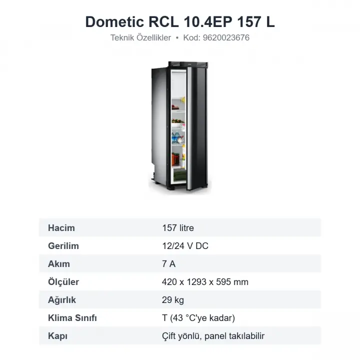 Dometic RCL 10.4EP Kompresörlü Karavan Buzdolabı 157 L 12/24 V, Panel Kapılı, Çift Yönlü (9620023676)
