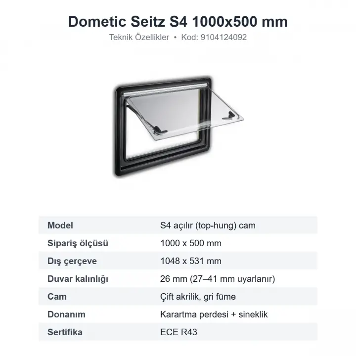 Dometic Seitz S4 Amortisörlü Açılır Karavan Camı 1000x500 mm (9104124092)