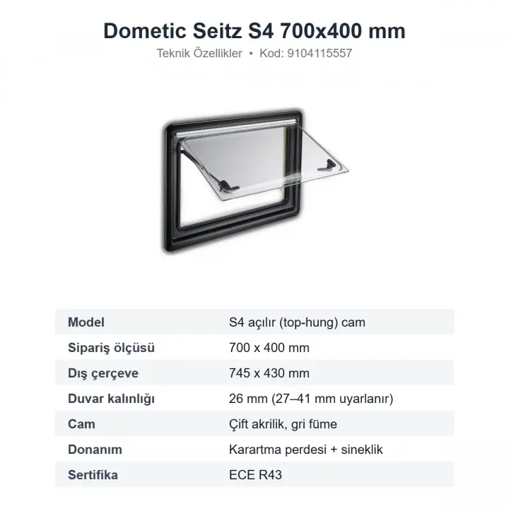 Dometic Seitz S4 Amortisörlü Açılır Karavan Camı 700x400 mm (9104115557)