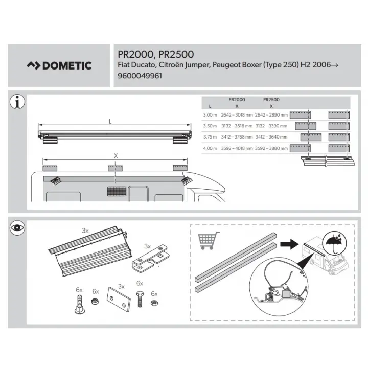 Dometic Siyah Duc/Jump/Boxer/Transit 3 Parçalı Montaj Kiti PR2000/2500 İçin