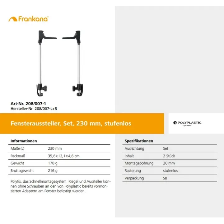 Frankana Freiko 230mm 2li Set Sıkıştırma Kademeli Karavan Pencere Kolu